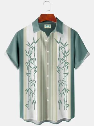 Alohadaddy Vintage Green Men's Bowling Short Sleeve Shirt Bamboo Leaf Stretch Aloha Camp Button-Up Shirts