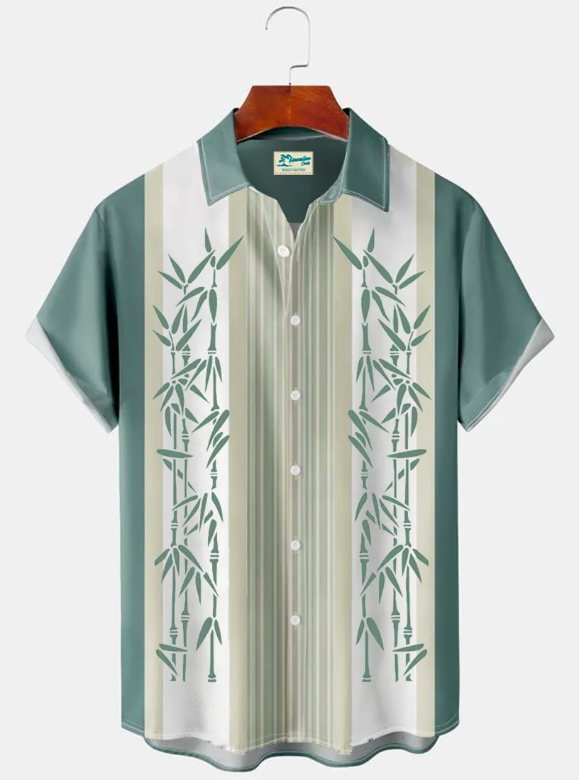 Alohadaddy Vintage Green Men's Bowling Short Sleeve Shirt Bamboo Leaf Stretch Aloha Camp Button-Up Shirts