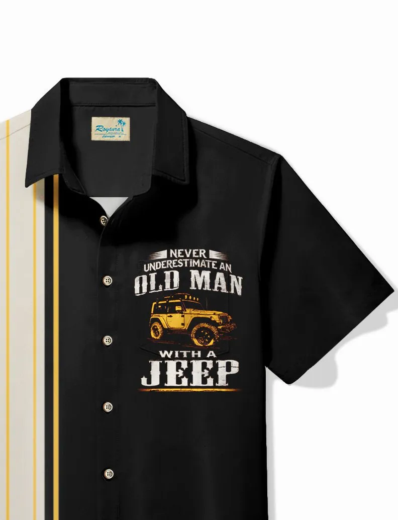 Alohadaddy Vintage Jeep Bowling “Never Underestimate An Old Man With A Jeep” Print Men's Button Pocket Shirt