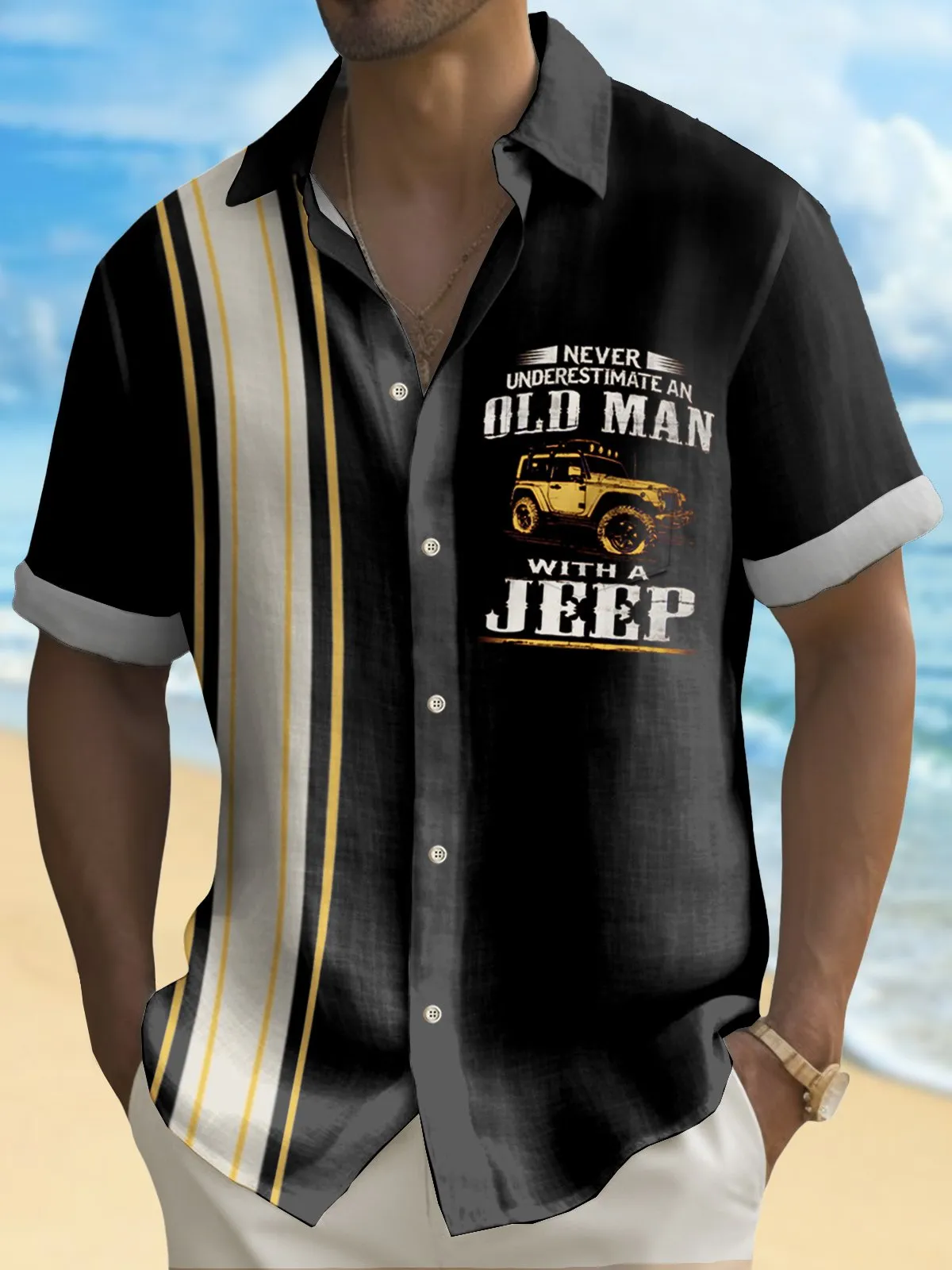 Alohadaddy Vintage Jeep Bowling “Never Underestimate An Old Man With A Jeep” Print Men's Button Pocket Shirt