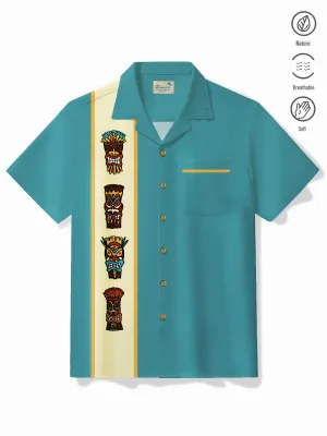 Alohadaddy Vintage Men's Bowling Shirt Stretch TIKI Totem Art Cartoon Pocket Camp Shirt Big Tall