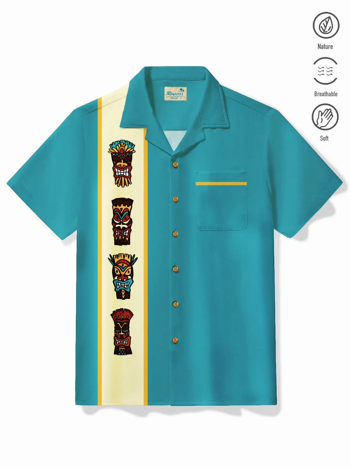 Alohadaddy Vintage Men's Bowling Shirt Stretch TIKI Totem Art Cartoon Pocket Camp Shirt Big Tall