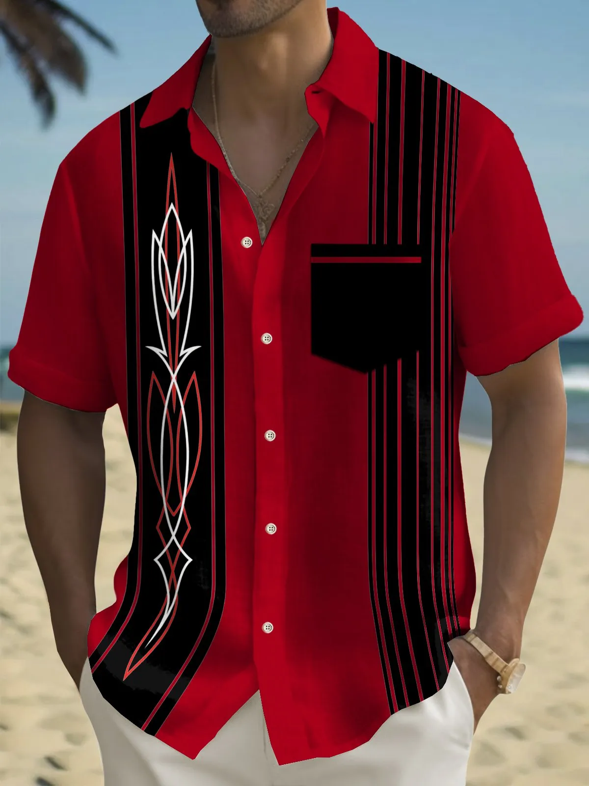 Alohadaddy Vintage Pinstripe Bowling Print Chest Pocket Shirt Plus Size Men's Shirt Big Tall