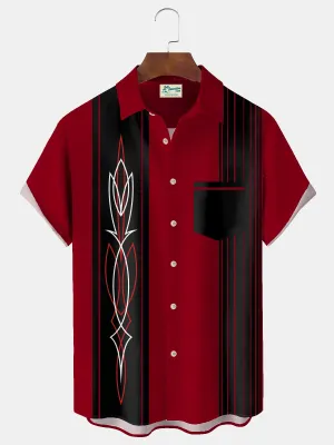 Alohadaddy Vintage Pinstripe Bowling Print Chest Pocket Shirt Plus Size Men's Shirt Big Tall