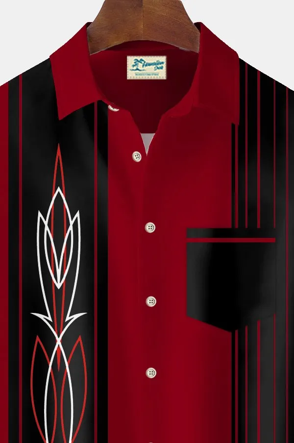 Alohadaddy Vintage Pinstripe Bowling Print Chest Pocket Shirt Plus Size Men's Shirt Big Tall