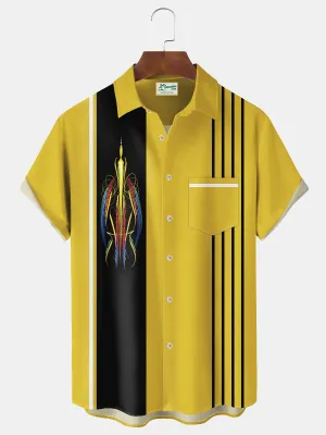 Alohadaddy Vintage Pinstripe Bowling Print Chest Pocket Shirt Plus Size Men's Shirt