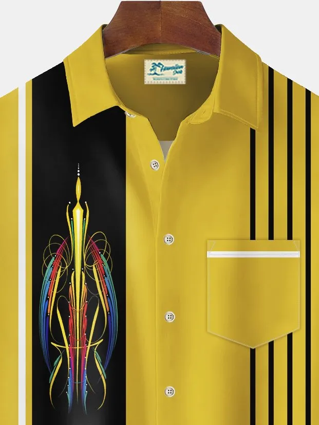 Alohadaddy Vintage Pinstripe Bowling Print Chest Pocket Shirt Plus Size Men's Shirt