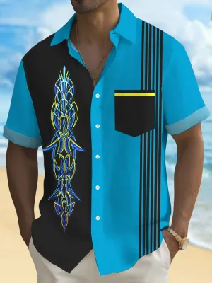 Alohadaddy Vintage Pinstripe Bowling Print Men's Button Pocket Short Sleeve Shirt