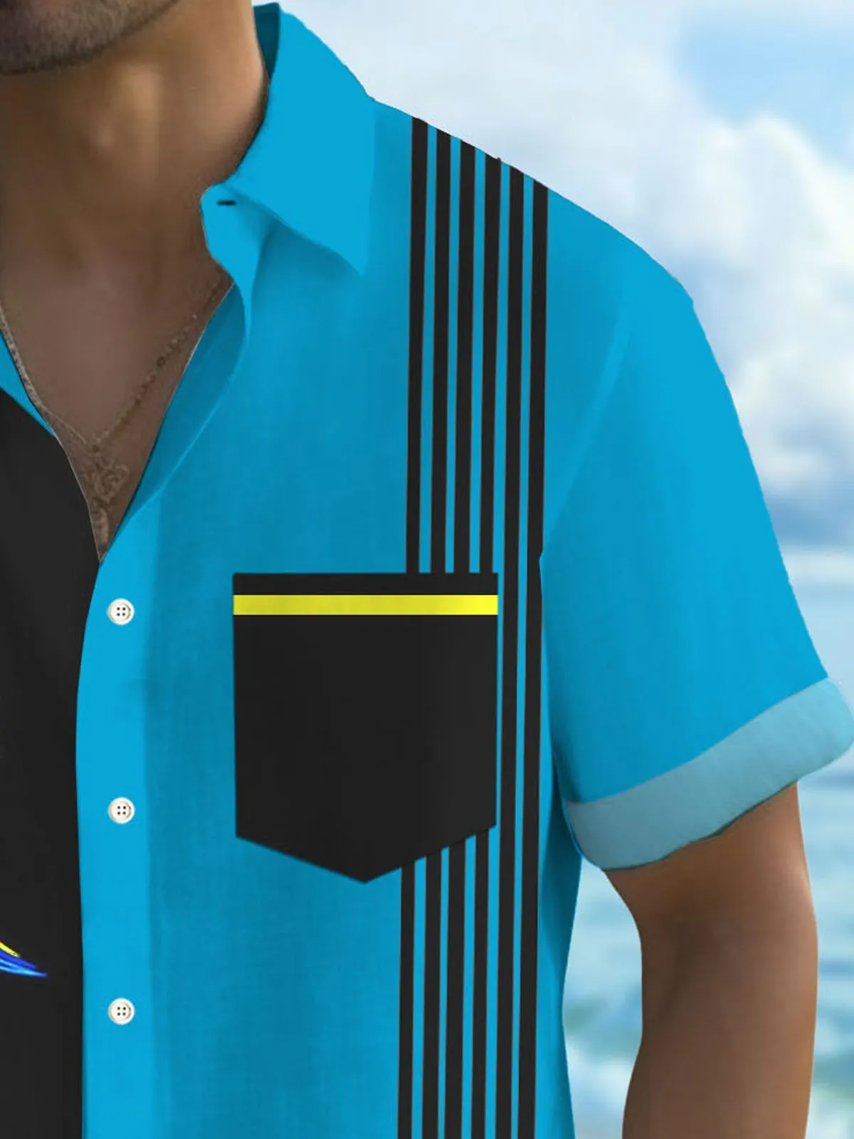 Alohadaddy Vintage Pinstripe Bowling Print Men's Button Pocket Short Sleeve Shirt
