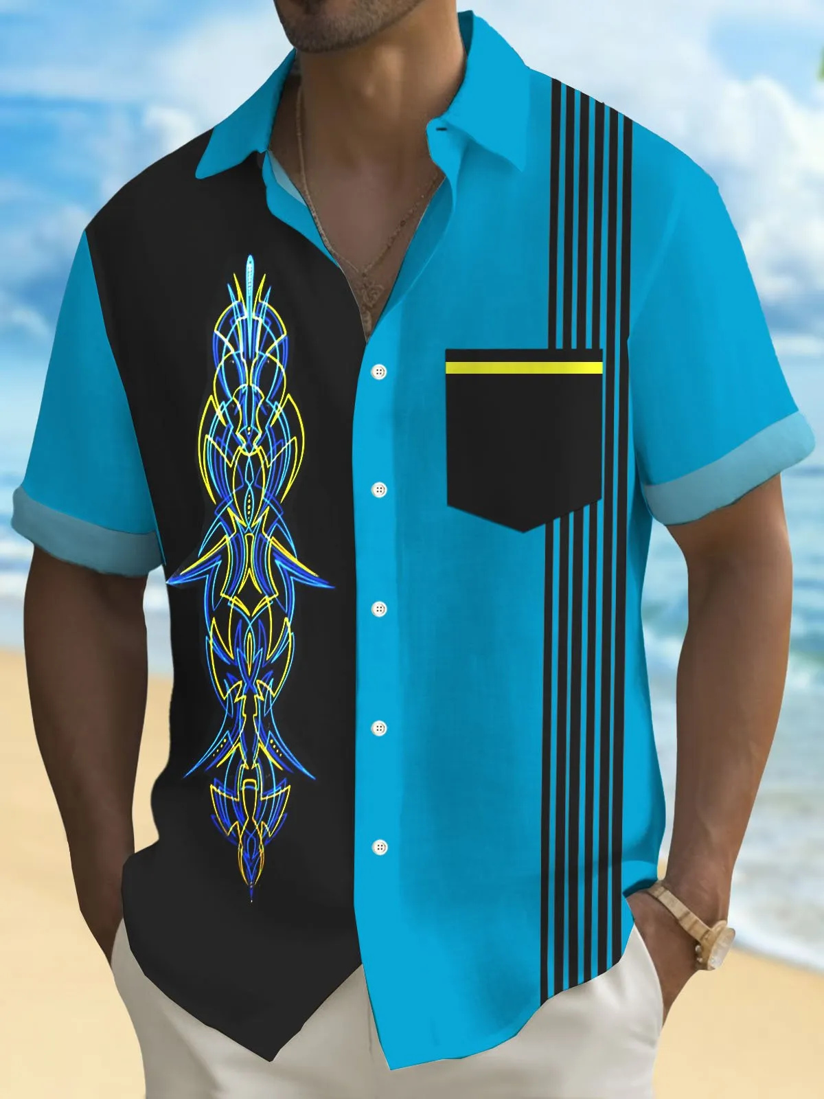 Alohadaddy Vintage Pinstripe Bowling Print Men's Button Pocket Short Sleeve Shirt