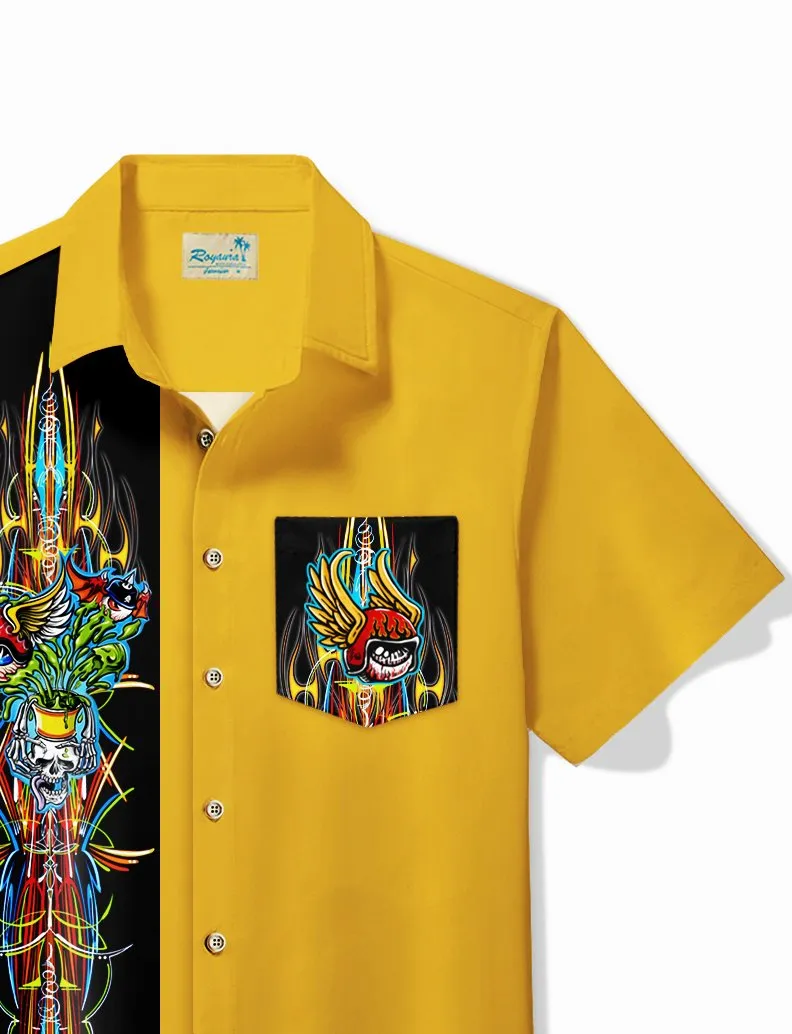 Alohadaddy Vintage Pinstripe Flying Eyeball Skull Bowling Print Chest Pocket Shirt Large Size Men's Shirt