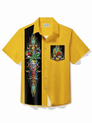 Alohadaddy Vintage Pinstripe Flying Eyeball Skull Bowling Print Chest Pocket Shirt Large Size Men's Shirt