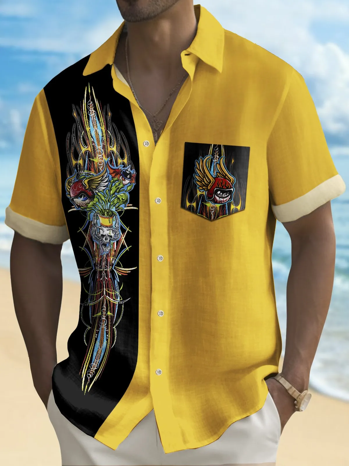 Alohadaddy Vintage Pinstripe Flying Eyeball Skull Bowling Print Chest Pocket Shirt Large Size Men's Shirt