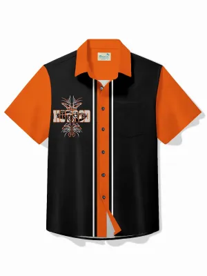 Alohadaddy Vintage Pinstripe Hot Rod Panel BowLing Printed Chest Pocket Shirt Large Size Men's Shirt