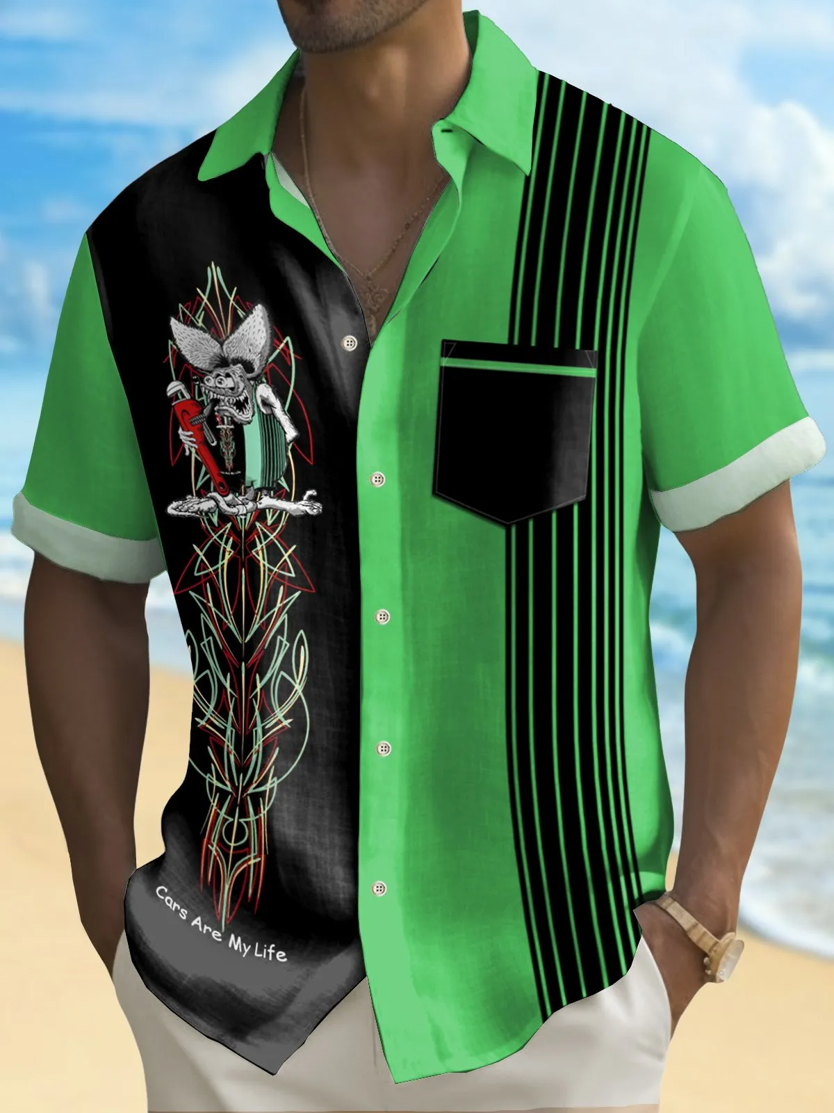 Alohadaddy Vintage Pinstripe Rat Fink Panel BowIing Printed Chest Pocket Shirt Large Size Men's Shirt