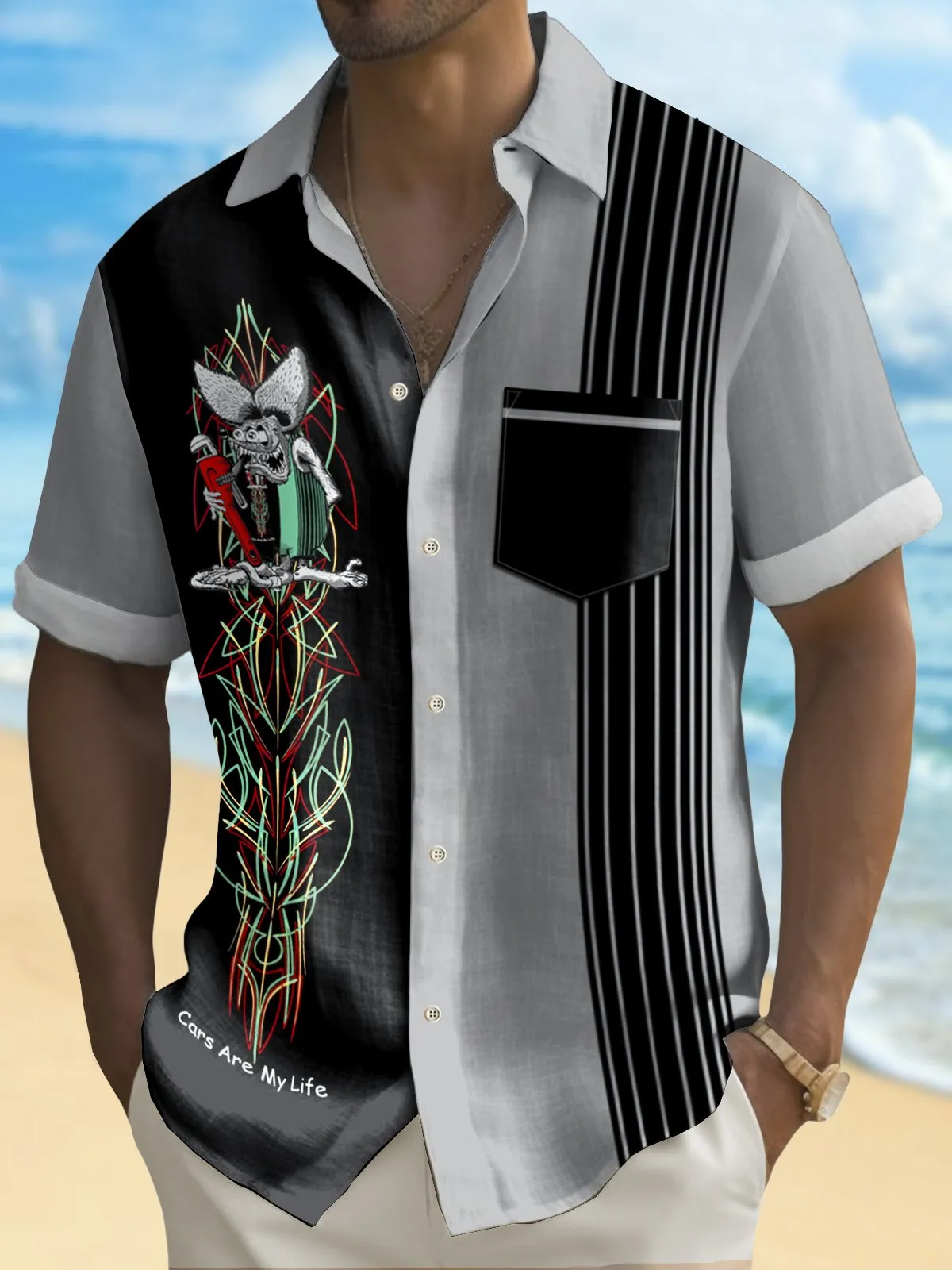 Alohadaddy Vintage Pinstripe Rat Fink Panel BowIing Printed Chest Pocket Shirt Large Size Men's Shirt