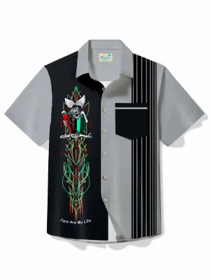 Alohadaddy Vintage Pinstripe Rat Fink Panel BowIing Printed Chest Pocket Shirt Large Size Men's Shirt