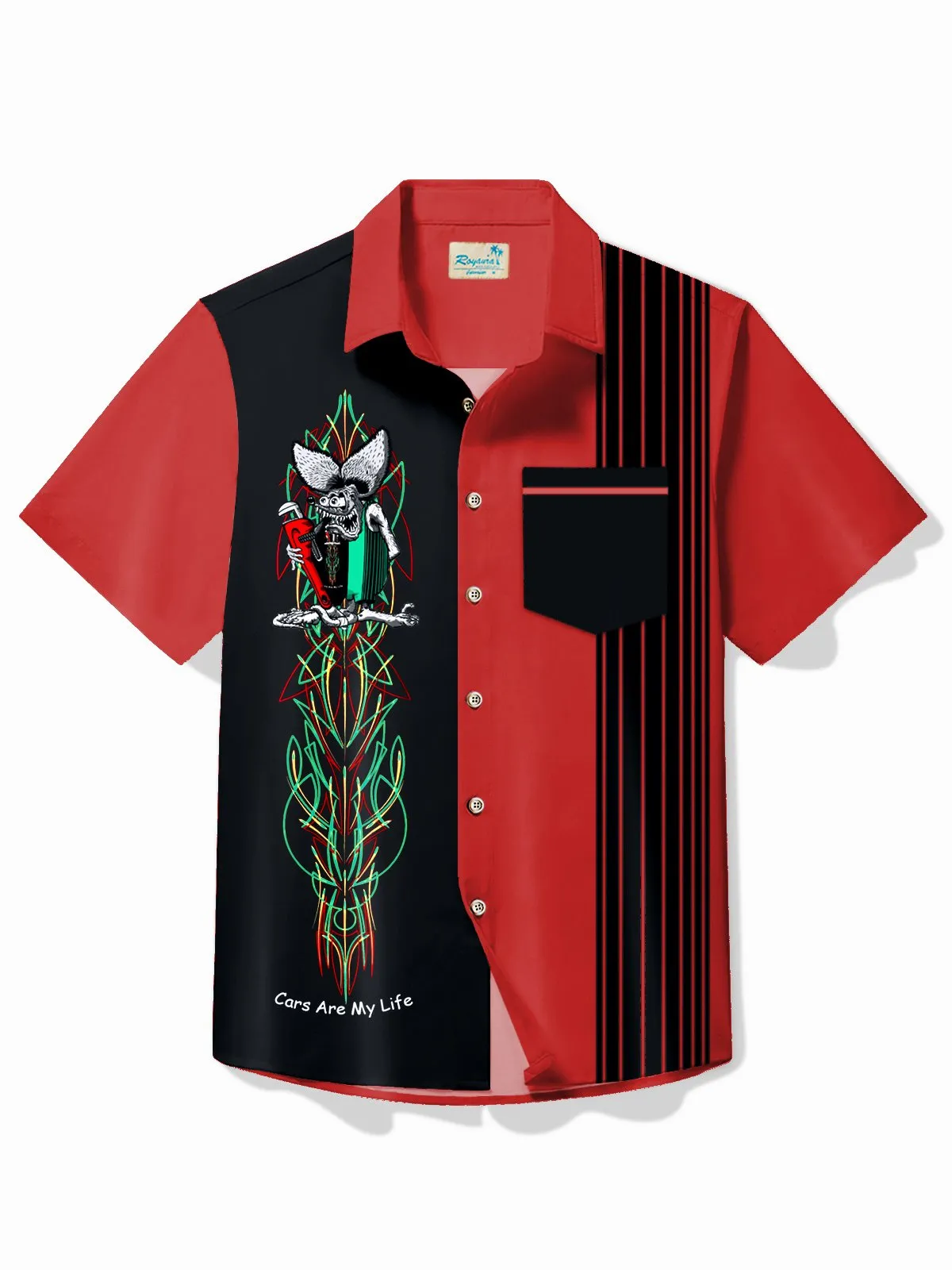 Alohadaddy Vintage Pinstripe Rat Fink Panel BowIing Printed Chest Pocket Shirt Large Size Men's Shirt