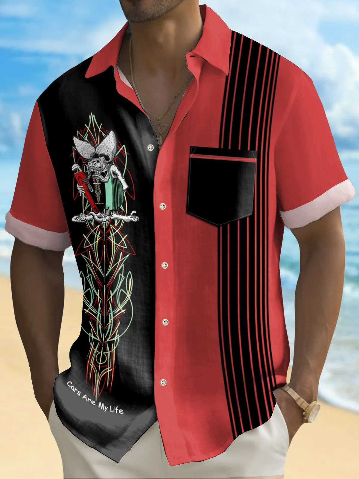 Alohadaddy Vintage Pinstripe Rat Fink Panel BowIing Printed Chest Pocket Shirt Large Size Men's Shirt