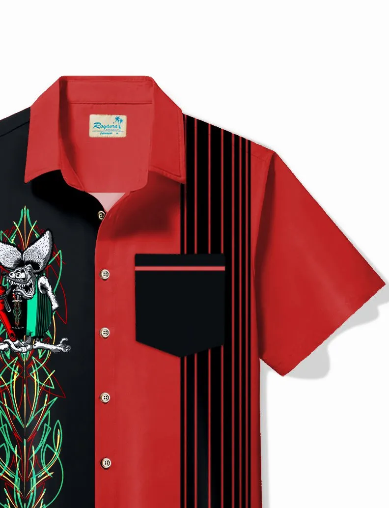 Alohadaddy Vintage Pinstripe Rat Fink Panel BowIing Printed Chest Pocket Shirt Large Size Men's Shirt