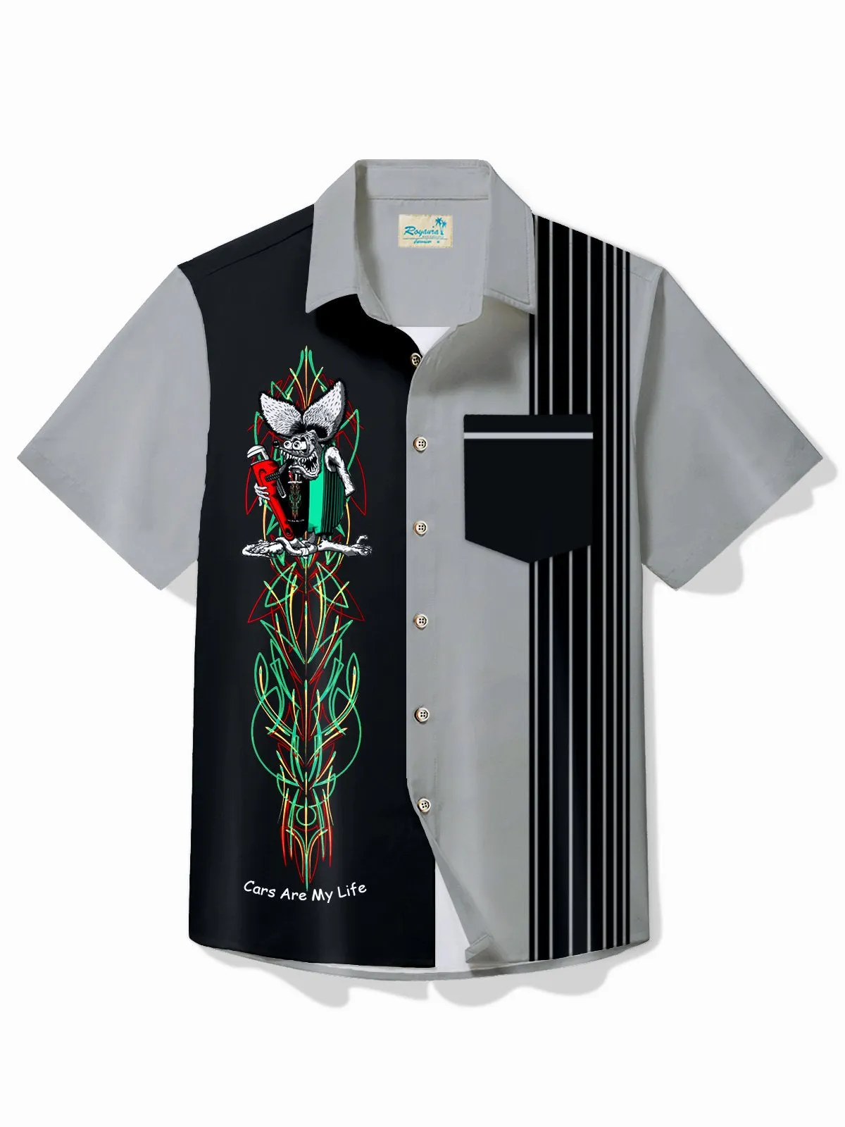 Alohadaddy Vintage Pinstripe Rat Fink Panel BowIing Printed Chest Pocket Shirt Large Size Men's Shirt