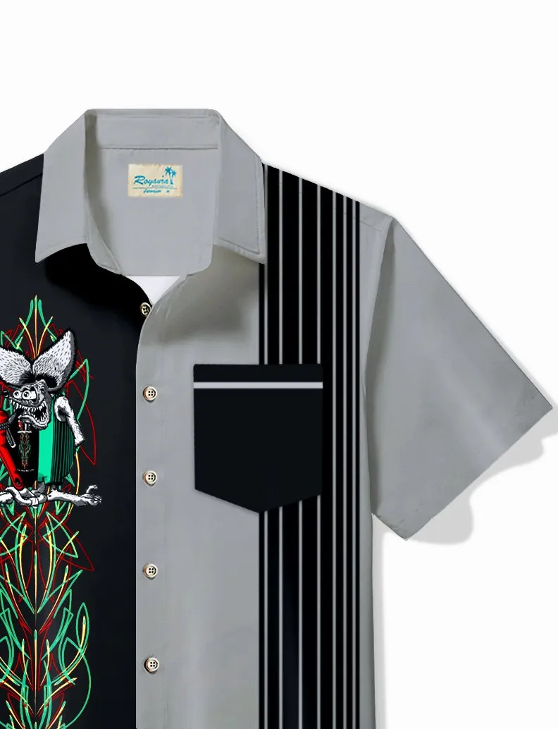 Alohadaddy Vintage Pinstripe Rat Fink Panel BowIing Printed Chest Pocket Shirt Large Size Men's Shirt