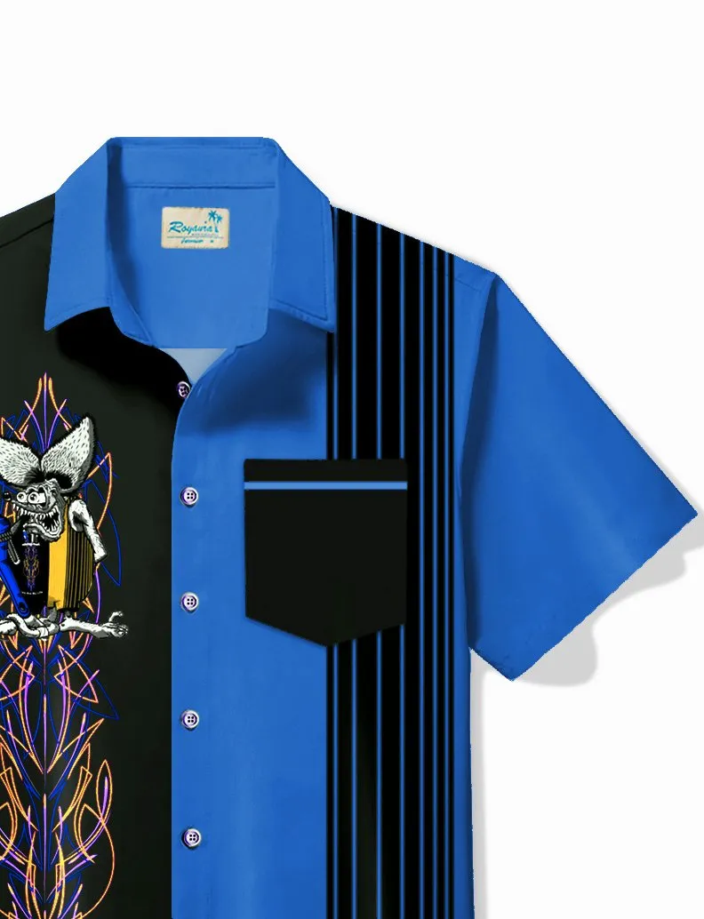Alohadaddy Vintage Pinstripe Rat Fink Panel BowIing Printed Chest Pocket Shirt Large Size Men's Shirt