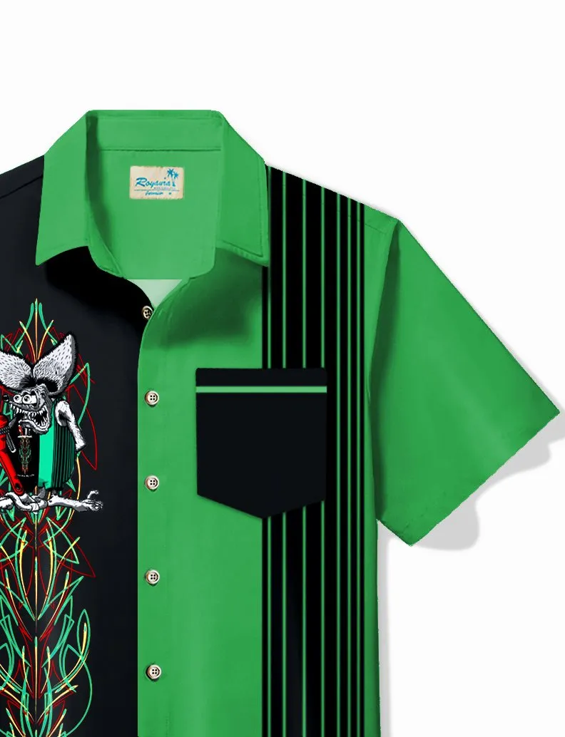Alohadaddy Vintage Pinstripe Rat Fink Panel BowIing Printed Chest Pocket Shirt Large Size Men's Shirt