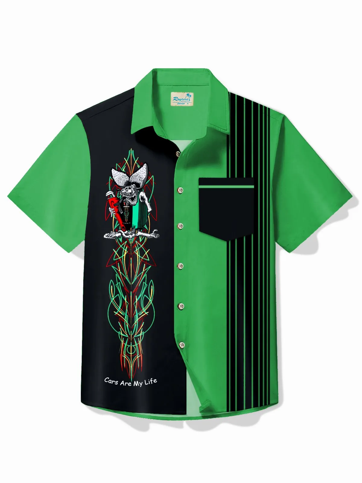 Alohadaddy Vintage Pinstripe Rat Fink Panel BowIing Printed Chest Pocket Shirt Large Size Men's Shirt