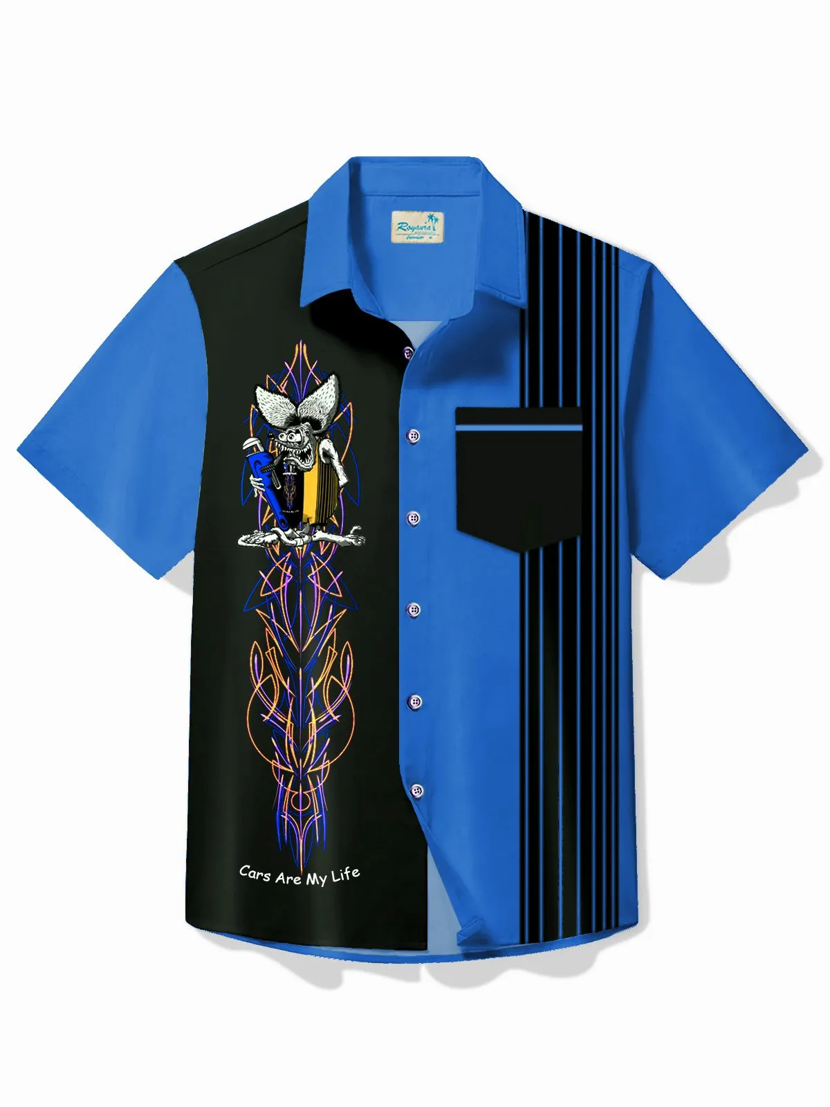 Alohadaddy Vintage Pinstripe Rat Fink Panel BowIing Printed Chest Pocket Shirt Large Size Men's Shirt