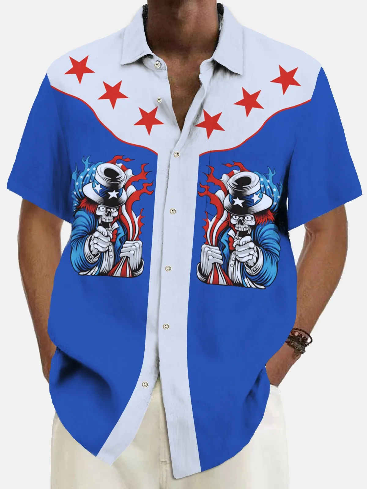 Alohadaddy Vintage Skull Cartoon Print Chest Pocket Shirt Plus Size Men's Shirt