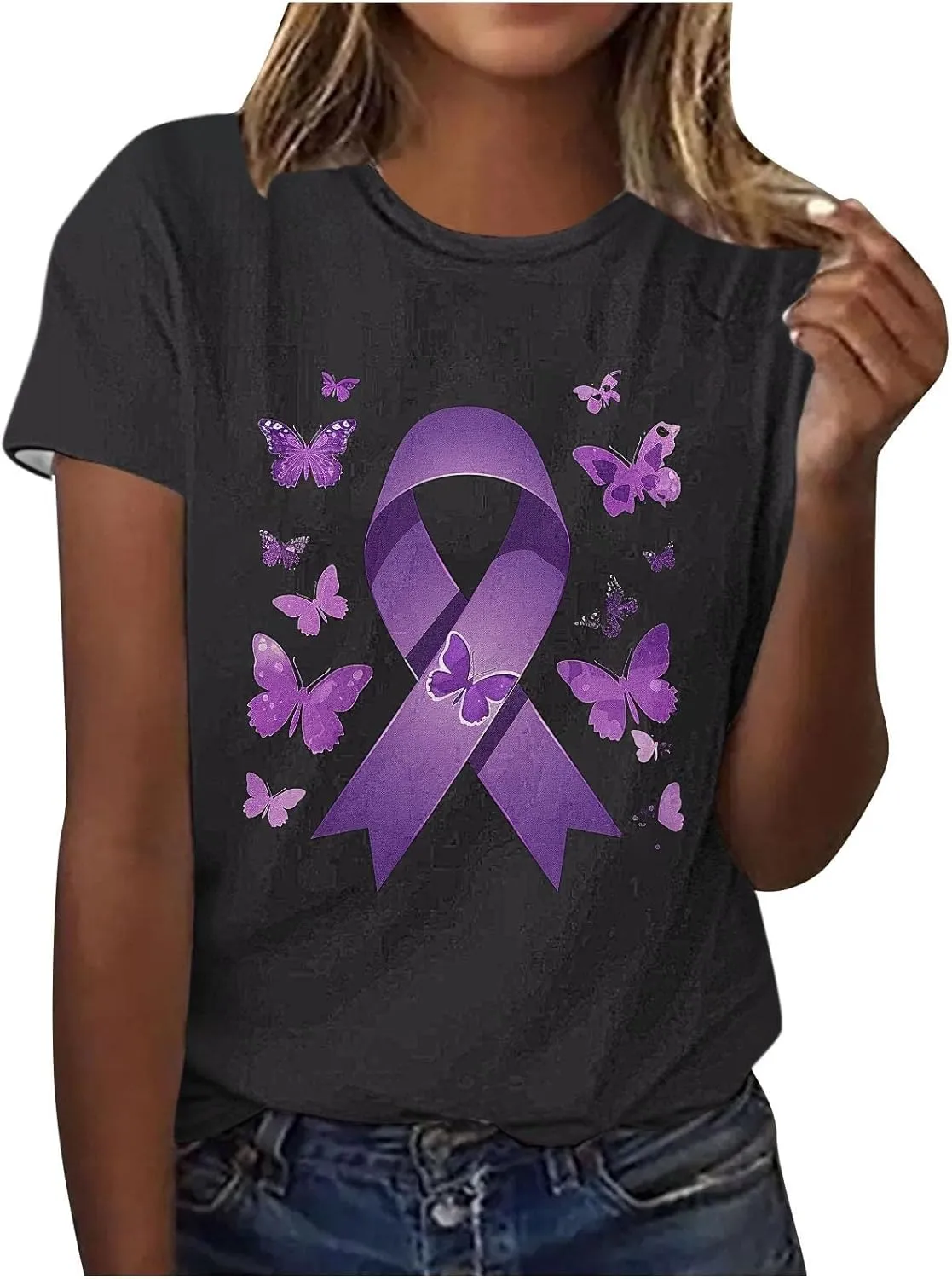 Alzheimers Awareness Shirts Women Crewneck Floral Print Graphic Tee Casual Summer Tops Short Sleeve Loose Comfy T Shirts
