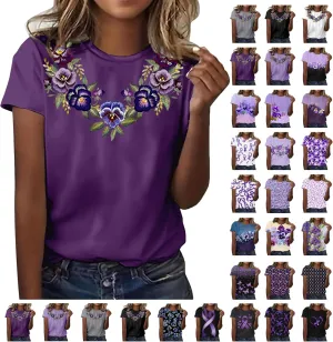 Alzheimers Awareness Shirts Women Crewneck Floral Print Graphic Tee Casual Summer Tops Short Sleeve Loose Comfy T Shirts