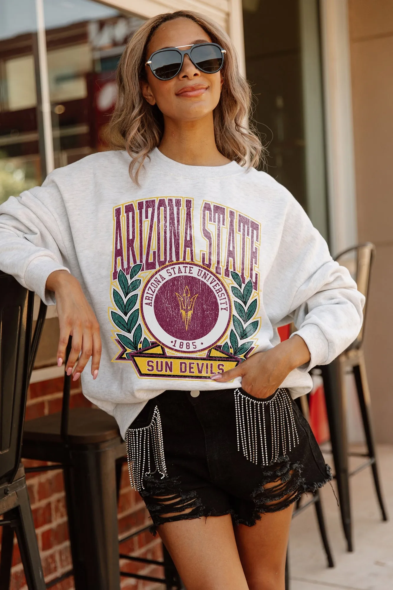 ARIZONA STATE SUN DEVILS GO FIGHT WIN PREMIUM FLEECE DROP SHOULDER CREWNECK PULLOVER BY MADI PREWETT TROUTT