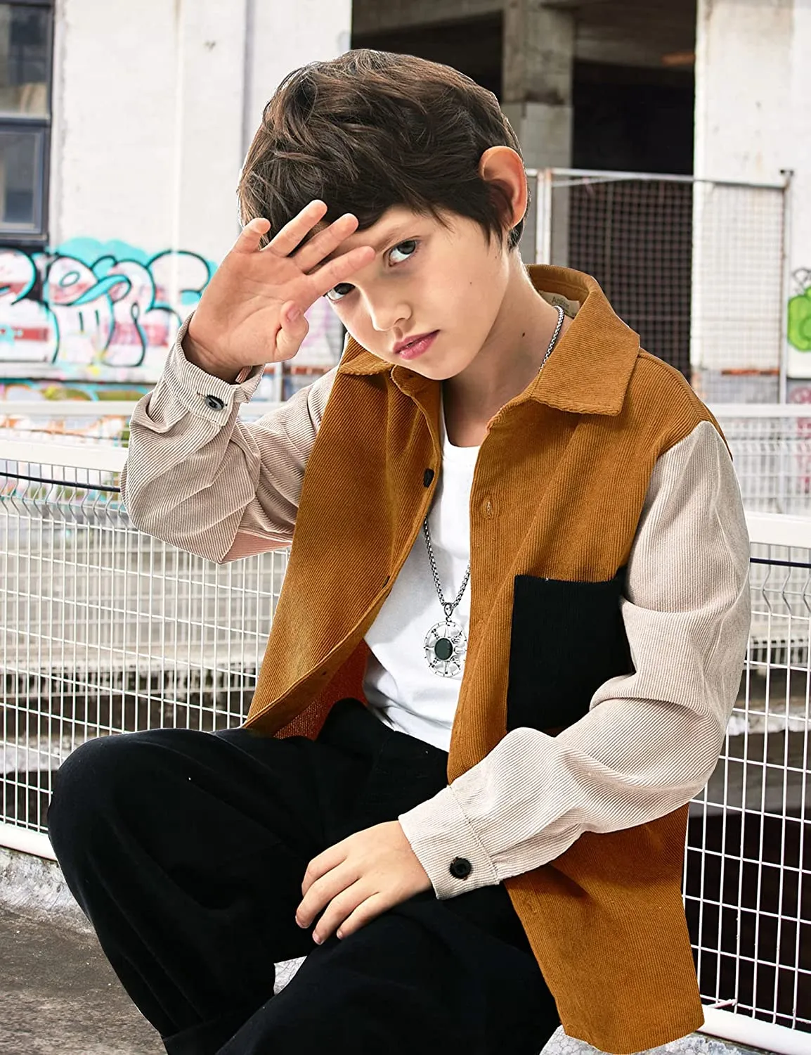 Arshiner Boys Corduroy Button Down Shirts Long Sleeve Retro Shacket Jacket Top