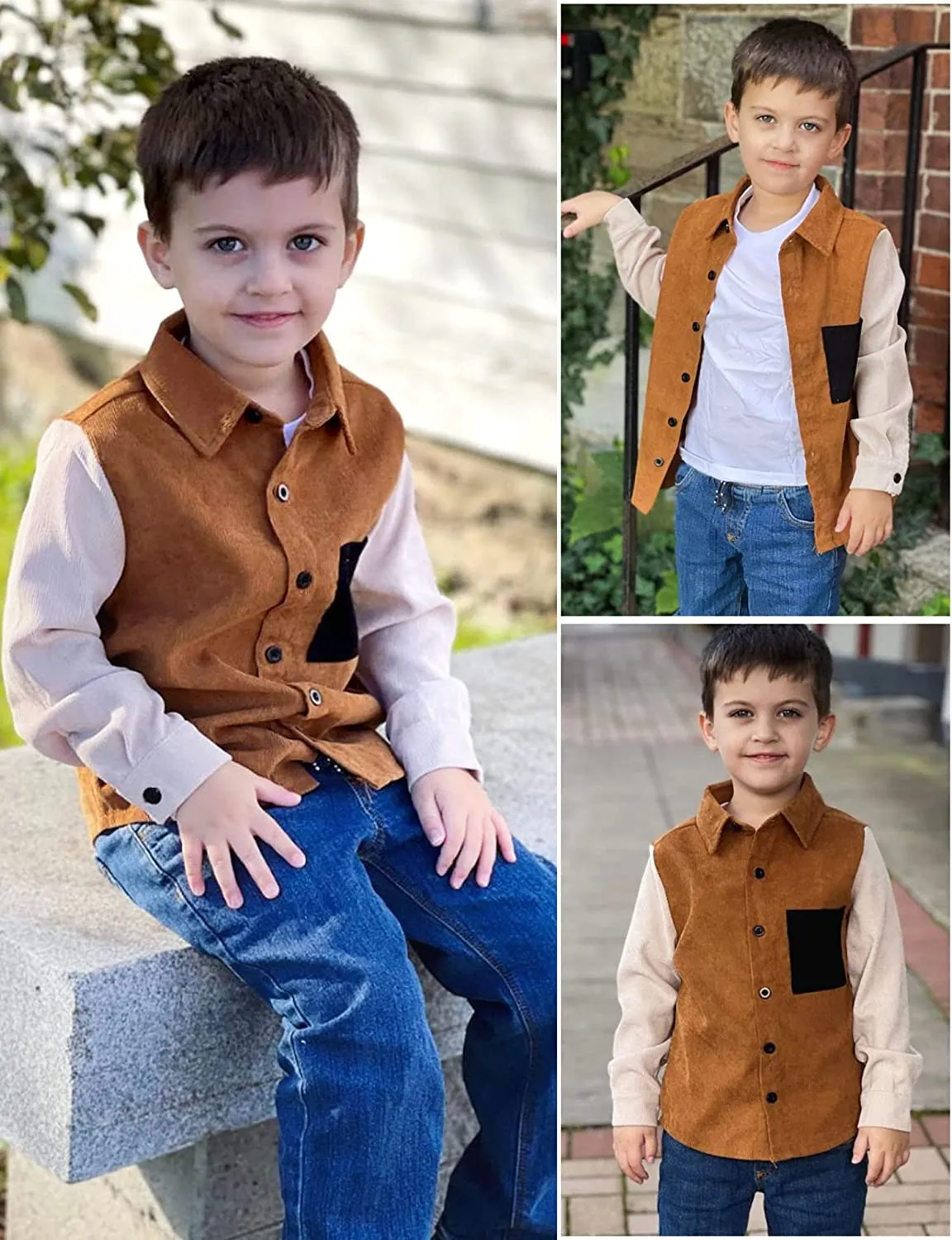Arshiner Boys Corduroy Button Down Shirts Long Sleeve Retro Shacket Jacket Top
