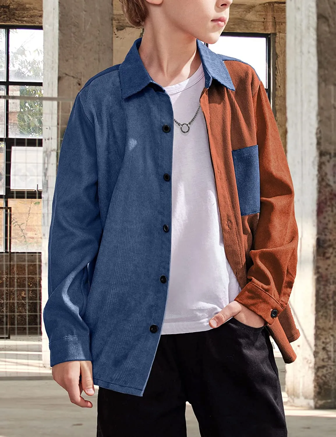 Arshiner Boys Corduroy Button Down Shirts Long Sleeve Retro Shacket Jacket Top