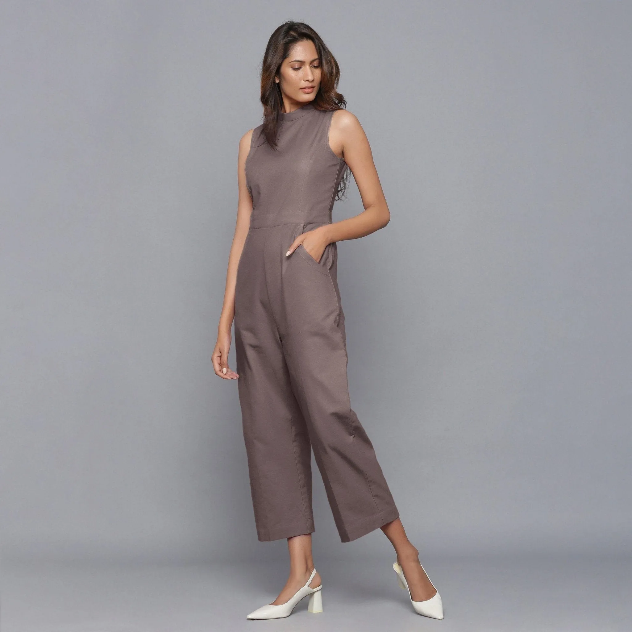 Ash Grey Warm Cotton Flannel Sleeveless Jumpsuit