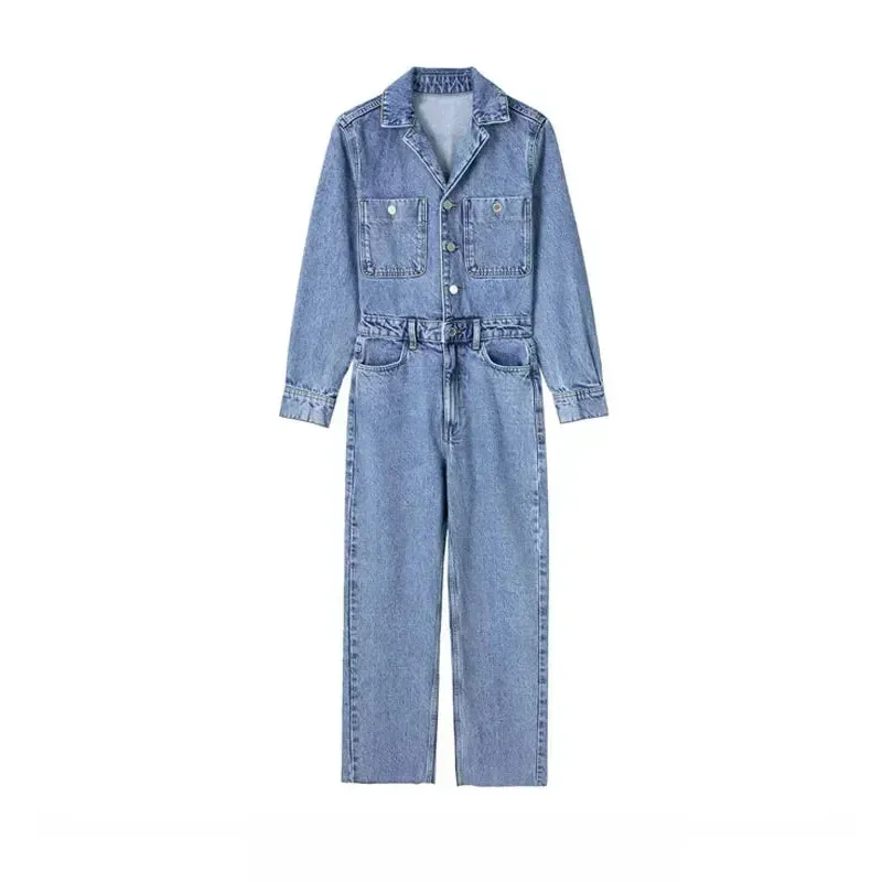 Autumn Denim Jumpsuit for Women Overalls Woman Jean Overalls Long Sleeve Elegant Jumpsuits Y2k Streetwear 2024 Turn Down Collar