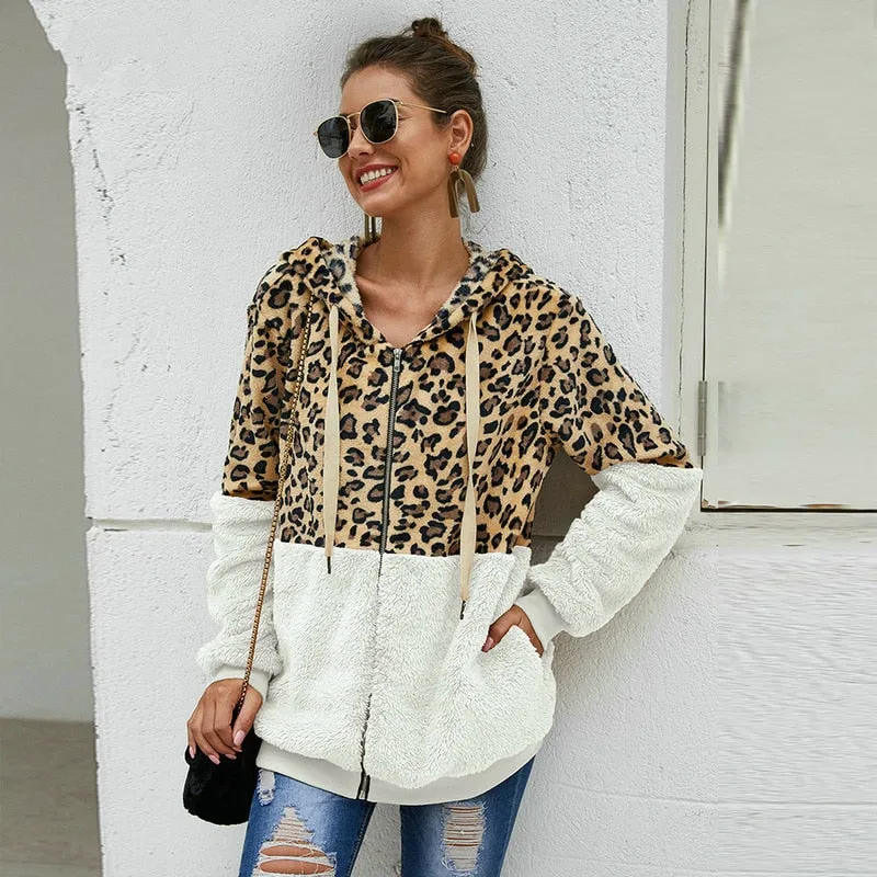Autumn Winter Leopard Sweatshirt for Women - Long Sleeve Hooded with Casual Zipper