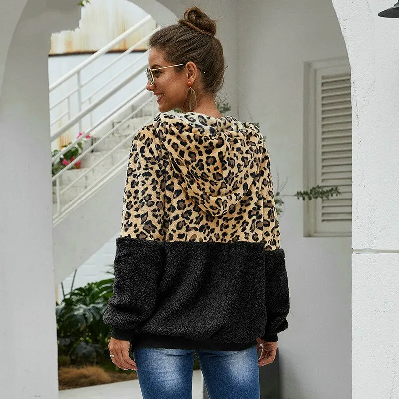 Autumn Winter Leopard Sweatshirt for Women - Long Sleeve Hooded with Casual Zipper