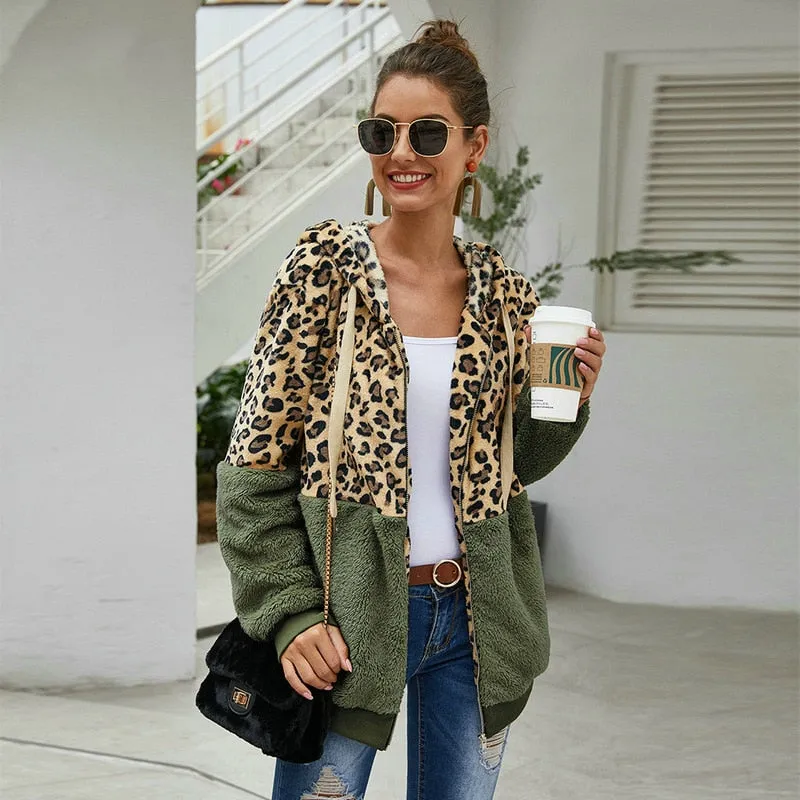 Autumn Winter Leopard Sweatshirt for Women - Long Sleeve Hooded with Casual Zipper