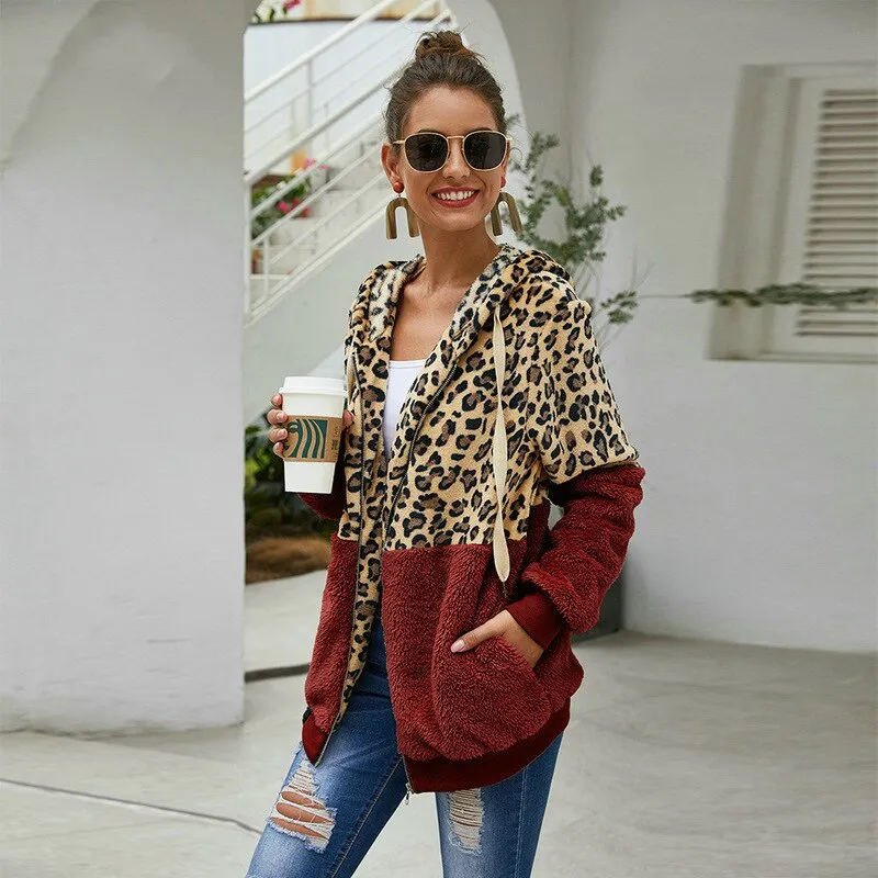 Autumn Winter Leopard Sweatshirt for Women - Long Sleeve Hooded with Casual Zipper