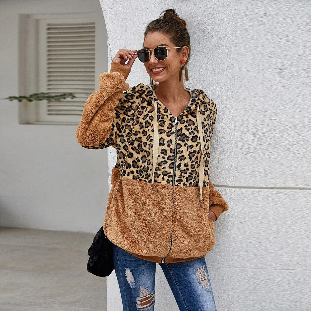 Autumn Winter Leopard Sweatshirt for Women - Long Sleeve Hooded with Casual Zipper