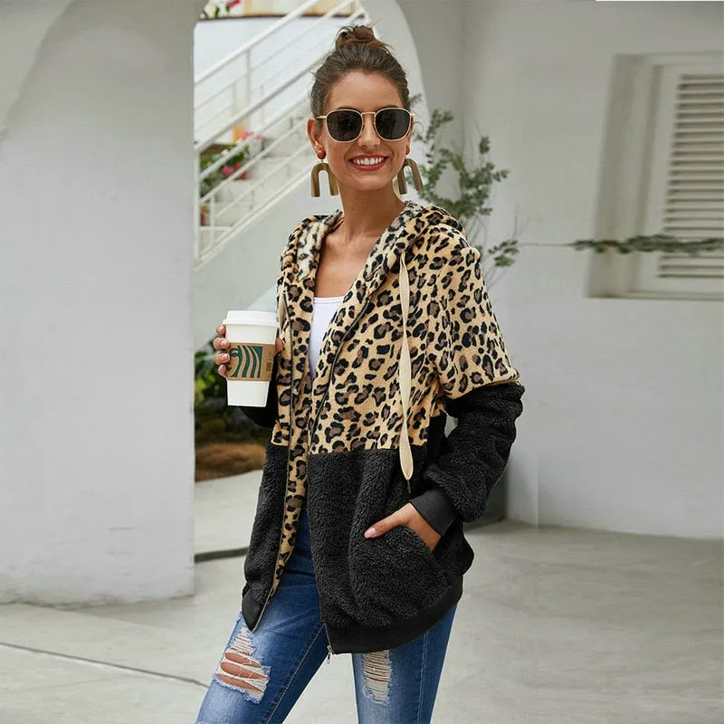 Autumn Winter Leopard Sweatshirt for Women - Long Sleeve Hooded with Casual Zipper