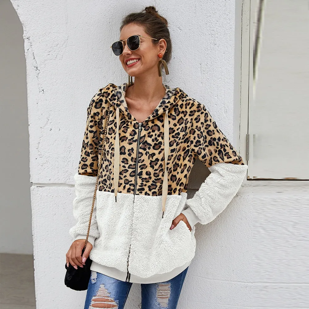 Autumn Winter Leopard Sweatshirt for Women - Long Sleeve Hooded with Casual Zipper