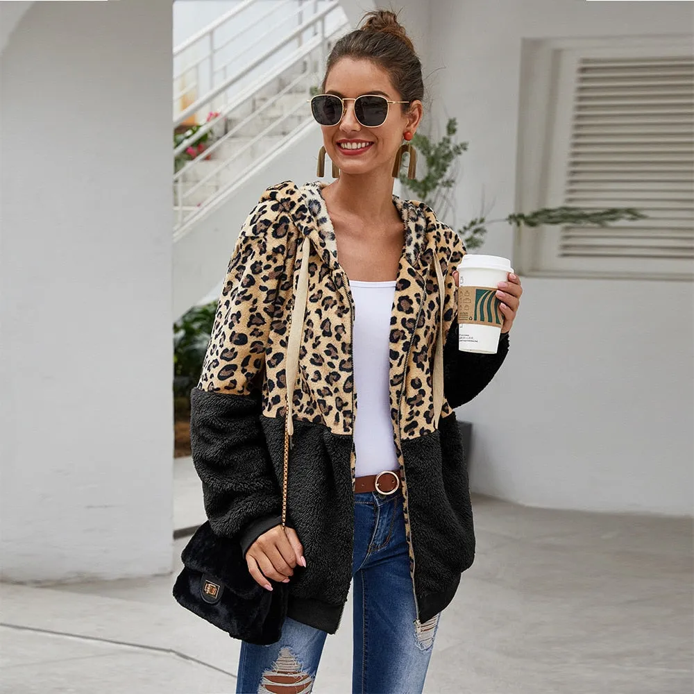 Autumn Winter Leopard Sweatshirt for Women - Long Sleeve Hooded with Casual Zipper