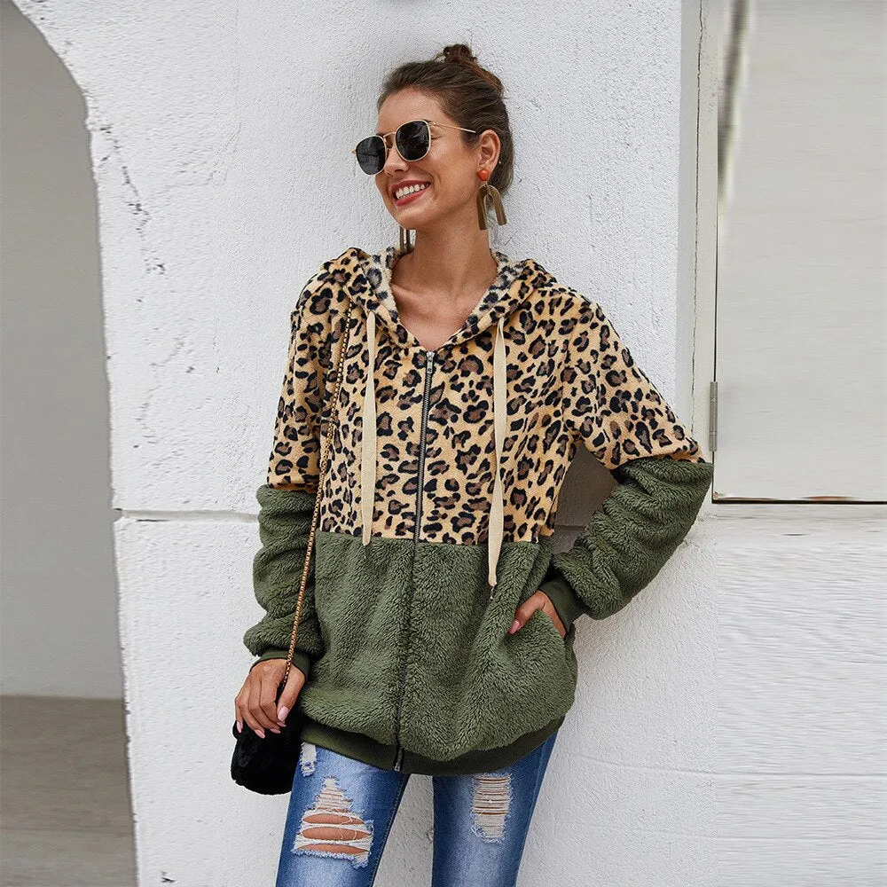 Autumn Winter Leopard Sweatshirt for Women - Long Sleeve Hooded with Casual Zipper
