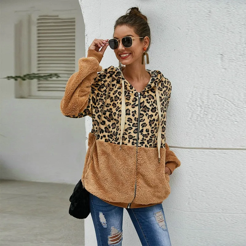 Autumn Winter Leopard Sweatshirt for Women - Long Sleeve Hooded with Casual Zipper