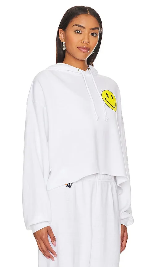 Aviator Nation Smiley 2 Relaxed Cropped Hoodie in White